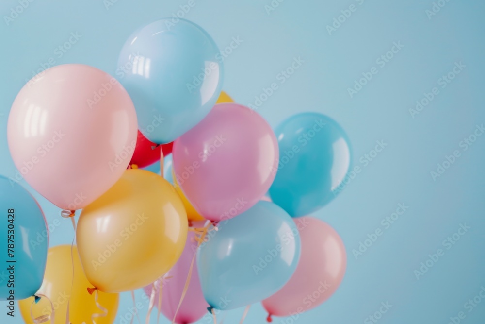 Poster a bunch of colorful balloons on a light blue background, in a closeup view a web banner with empty s