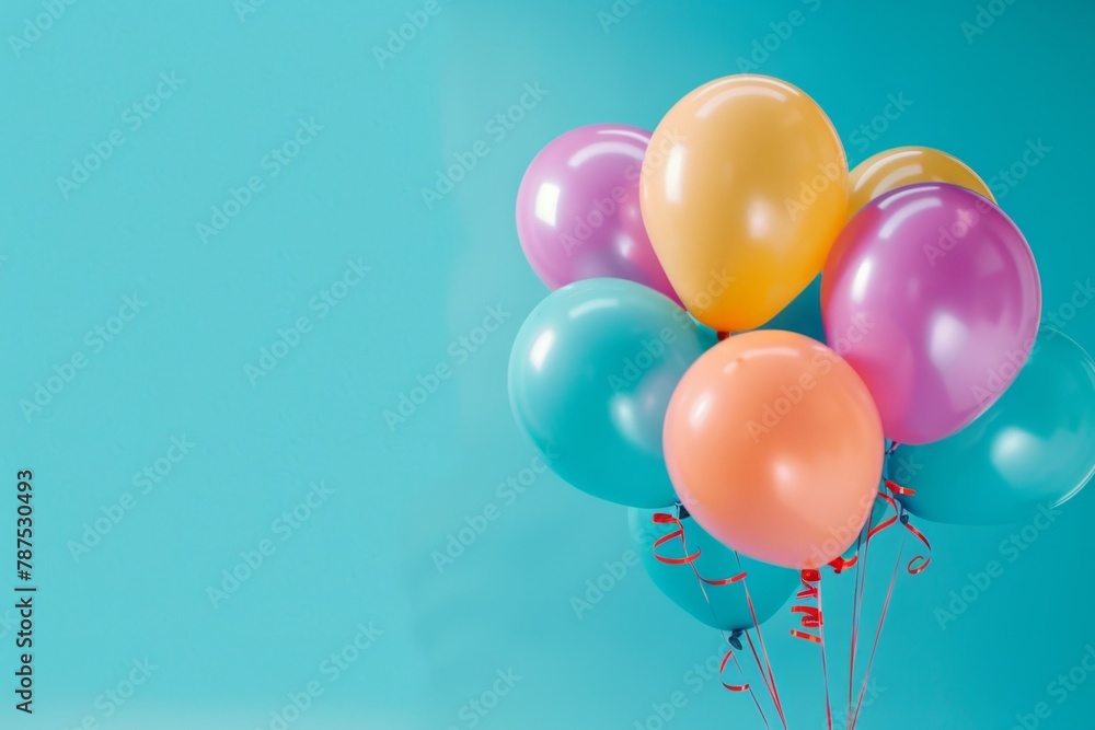 Poster a bunch of colorful balloons on a blue background with copy space for text, in the style of a banner
