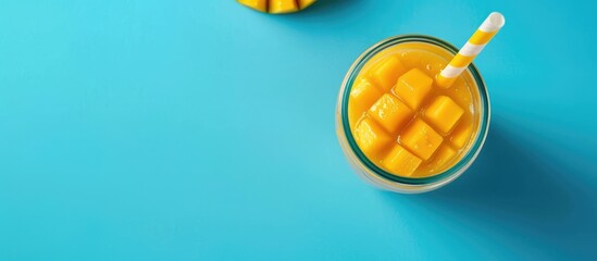 Mango juice and smoothie on a blue background with space for text. View from above.
