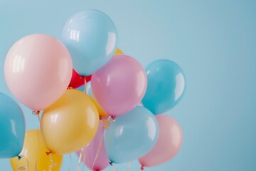 A bunch of colorful balloons on a light blue background, in a closeup view  A web banner with empty space Generative AI