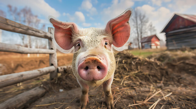 An endearing image featuring a charming pig looking directly at the camera with curious eyes, set against the backdrop of a rustic farmyard