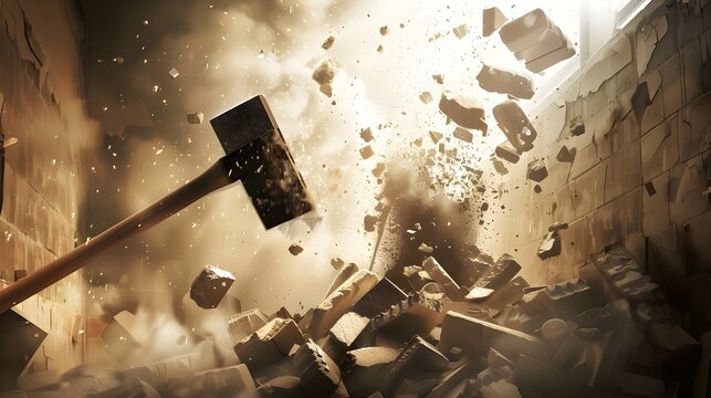 Sledgehammer Demolishing Concrete Wall (Generative AI)