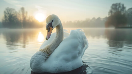 An elegant image featuring a graceful swan gazing directly at the camera with serene, piercing eyes, set against the tranquil backdrop of a serene lake. - obrazy, fototapety, plakaty