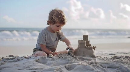 Young Boy Building A Sand Castle By The Beach Portrait Photography (Generative AI)