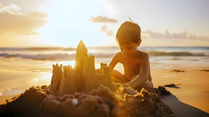 Young Boy Building A Sand Castle By The Beach Portrait Photography (Generative AI)