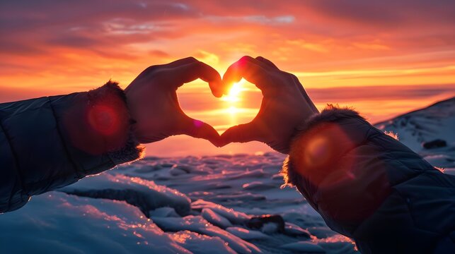 Hands Forming Heart In Cold Arctic Mountain Background (Generative AI)