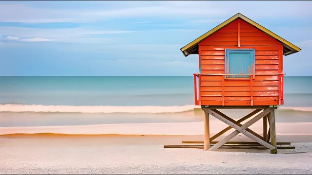 An eye-catching orange lifeguard tower stands guard on a peaceful beach, with the calm sea and cloudy sky in the background.