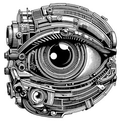 Artificial mechanical eye, prosthetics in medicine, future technologies. Raster, generative ai.