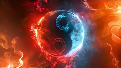 A digital artwork of the Yin Yang symbol, dramatically depicted with opposing elements of fire and water, representing balance and duality.