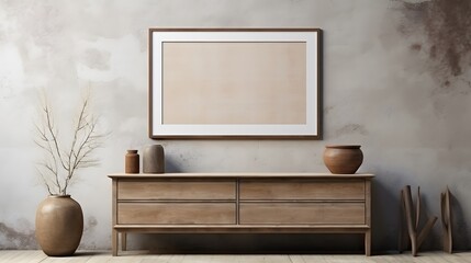 The warm glow of ambient lighting highlighting the intricate details of a wooden dresser, juxtaposed against a rough concrete backdrop, framing an empty blank mock-up poster, defining the aesthetic of