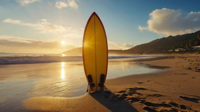 Surf board on a sandy beach. Sunrise or sunset, sand on bay and the mountain wonderful sun shines