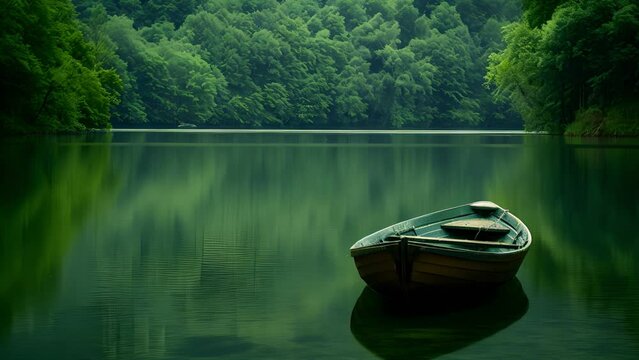 A lone boat floats on the still water's of a tranquil green lake, reflecting the dense, lush forest surrounding it.