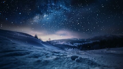 winter night sky filled with stars above a snowy landscape, the silence of the snow amplifying the cosmic spectacle - obrazy, fototapety, plakaty