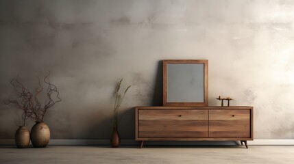 The interplay of light and shadow enhancing the allure of a wooden dresser against a textured concrete backdrop, with an empty blank mock-up poster frame adding a touch of contemporary flair to the ru - obrazy, fototapety, plakaty