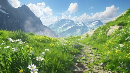 Fototapeta premium a lush mountain pass in spring, wildflowers and green grass under a sunny sky, a pathway to natural serenity