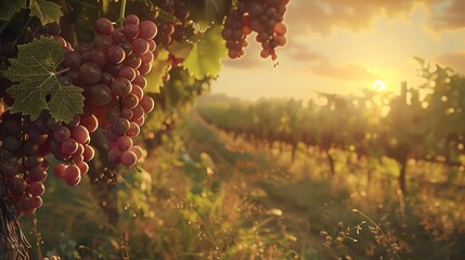 late summer vineyard at sunset, the vines heavy with clusters of ripe grapes, ready for harvest,...