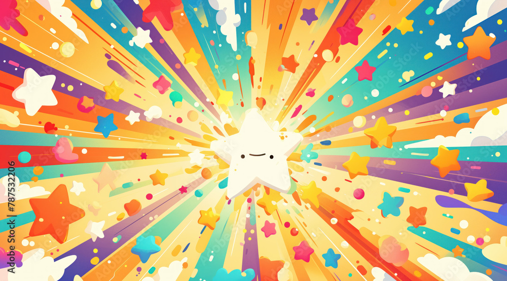 Poster graphic image of a star with bright lines and colorful patterns.