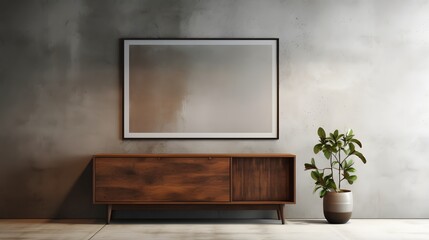 Soft daylight streaming through a window, casting gentle shadows on a wooden dresser placed against a textured concrete wall, featuring an empty blank mock-up poster frame, adding character to the mod