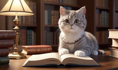 Cute cat reading books in the library, close-up