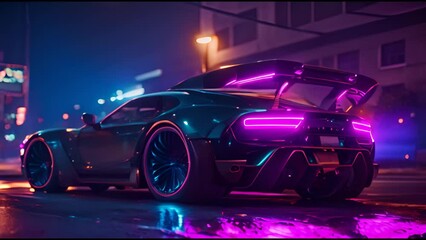 Sports cyberpunk futuristic car on a neon cyberpunk background. Night street car racing. 