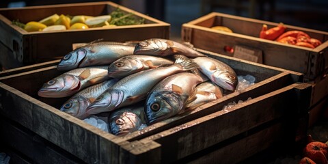 fresh seafood on market stalls Generative AI - obrazy, fototapety, plakaty