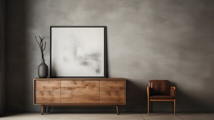 A harmonious blend of textures and tones, with a wooden cabinet resting against a weathered concrete wall, featuring an empty blank mock-up poster frame, evoking a sense of tranquility in the contempo