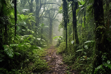 Two people are walking through a lush green jungle.