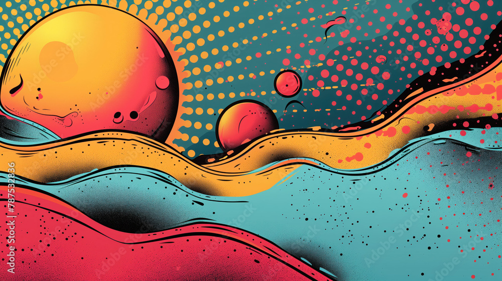 Poster abstract background with circles, sun, waves and pop art elements.