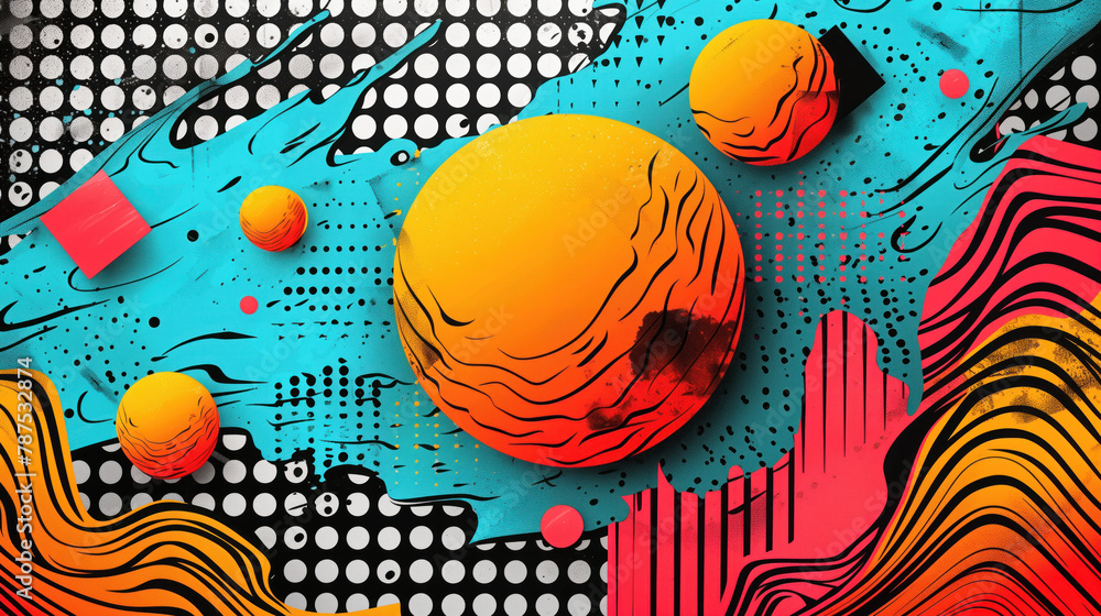 Aufkleber abstract composition with bright geometric shapes and dynamic lines. color illustration with pop art