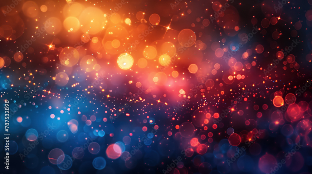 Poster sparkling bokeh lights in red and blue tones. festive bokeh glow on a dark background.