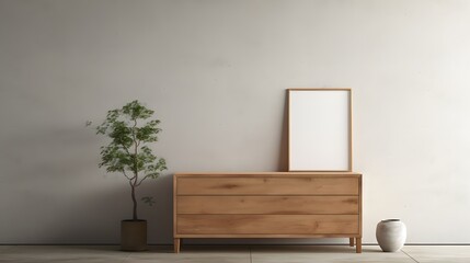 A study in contrasts, as a refined wooden dresser stands in juxtaposition to a rugged concrete background, with an empty blank mock-up poster frame adding an element of intrigue to the modern rustic i - obrazy, fototapety, plakaty