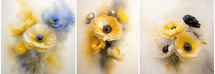 Tryptyk żółte kwiaty zawilce. Tło kwiatowe wiosenne. Obraz na ściane, dekoracja. Tapeta kwiatowa. Motyw kwiatowy - obrazy, fototapety, plakaty