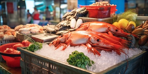 fresh seafood on market stalls Generative AI