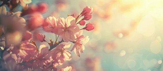 Pink cherry blossoms in spring against a vintage-toned abstract nature backdrop of the sunlit sky.