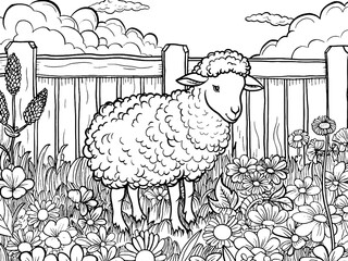 Cartoon farm animal sheep in the garden. Children coloring book. Generative ai.