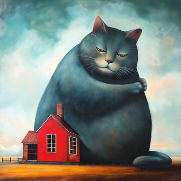 Illustration. Red house and giant cat