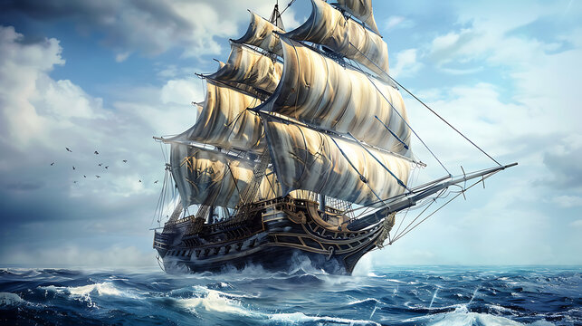 A majestic image featuring a grand ship sailing gracefully through open waters, its bow pointed directly at the camera with confidence and purpose.