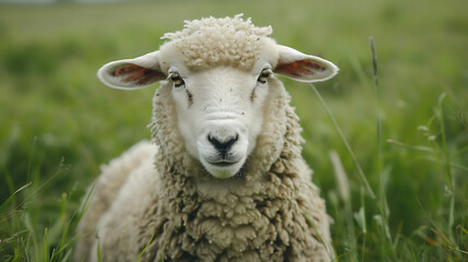 Fototapeta premium A delightful image featuring a curious sheep gazing directly at the camera with gentle, soulful eyes, set against the backdrop of a lush green pasture.