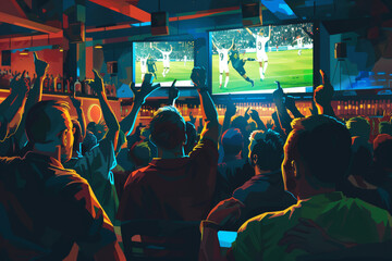 Dynamic atmosphere of a sports bar during a live match. The vibrant colors convey the excitement and passion of the crowd, silhouetted against the glow of multiple screens showcasing the ongoing game.