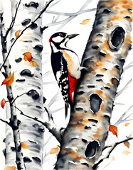 A great spotted woodpecker knocks on a birch tree