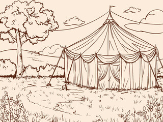Vintage circus tent in field among nature. Raster, generative ai. Faded color