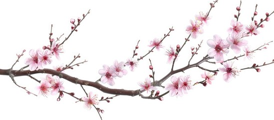 Branches with pink flowers in bloom during spring, lacking leaves, the blossoms of an Almond tree set apart against a white backdrop.
