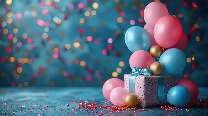Bright balloons and a gift box with a bow on a festive background.