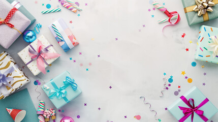 Gifts with colorful ribbons and confetti on a white background. Top view. - obrazy, fototapety, plakaty