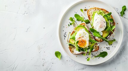 Avocado toast with fresh greens and poached egg on white plate, top view for a delightful breakfast