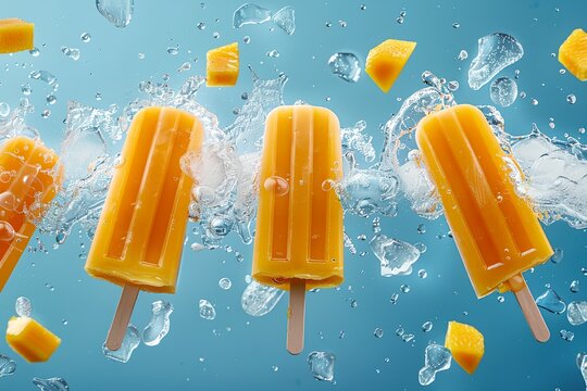 Mango popsicles with ice cubes on sunny summer day
