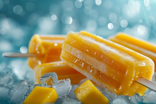 Mango popsicles with ice cubes on sunny summer day