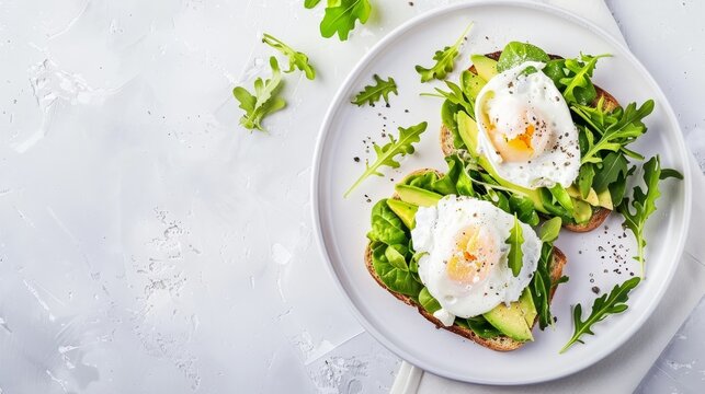 Delicious avocado toast with poached egg and fresh greens on white plate, top view for foodies