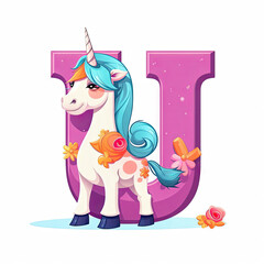 Cute cartoon unicorn with blue hair and horn standing on white background near purple letter U. Creative kids alphabet