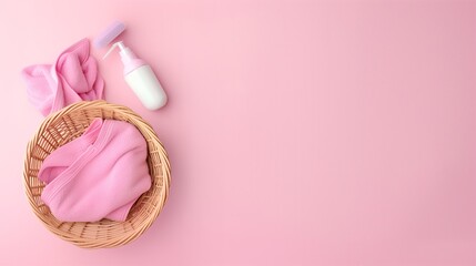 Basket with cosmetic products and bath accessories on pink background. Space for text
